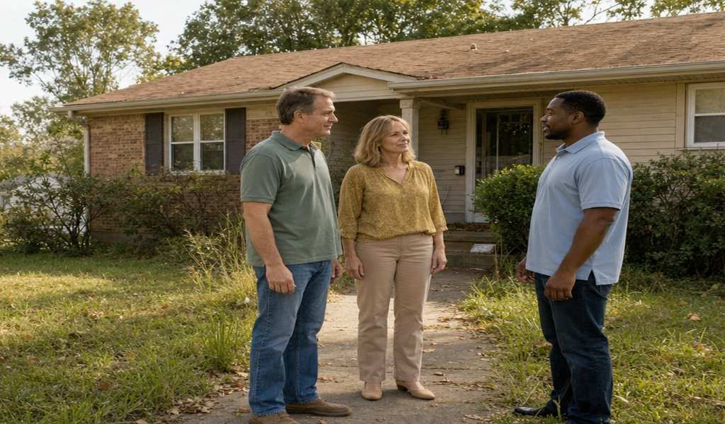 Homeowner couple talking with a cash home buyer outside their vacant house with an overgrown yard