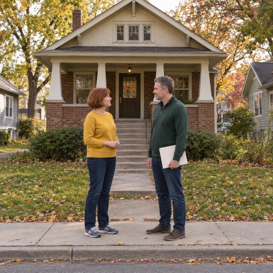 Saint Paul homeowner talking with a cash home buyer in front of a brick craftsman bungalow