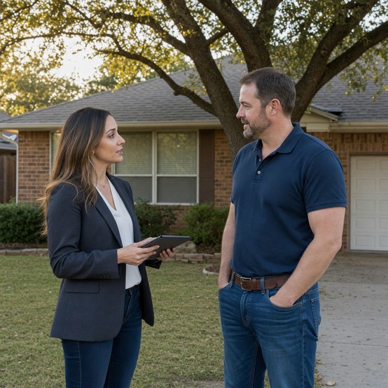 Homeowner talking with a buyer outside a brick ranch home in Texas