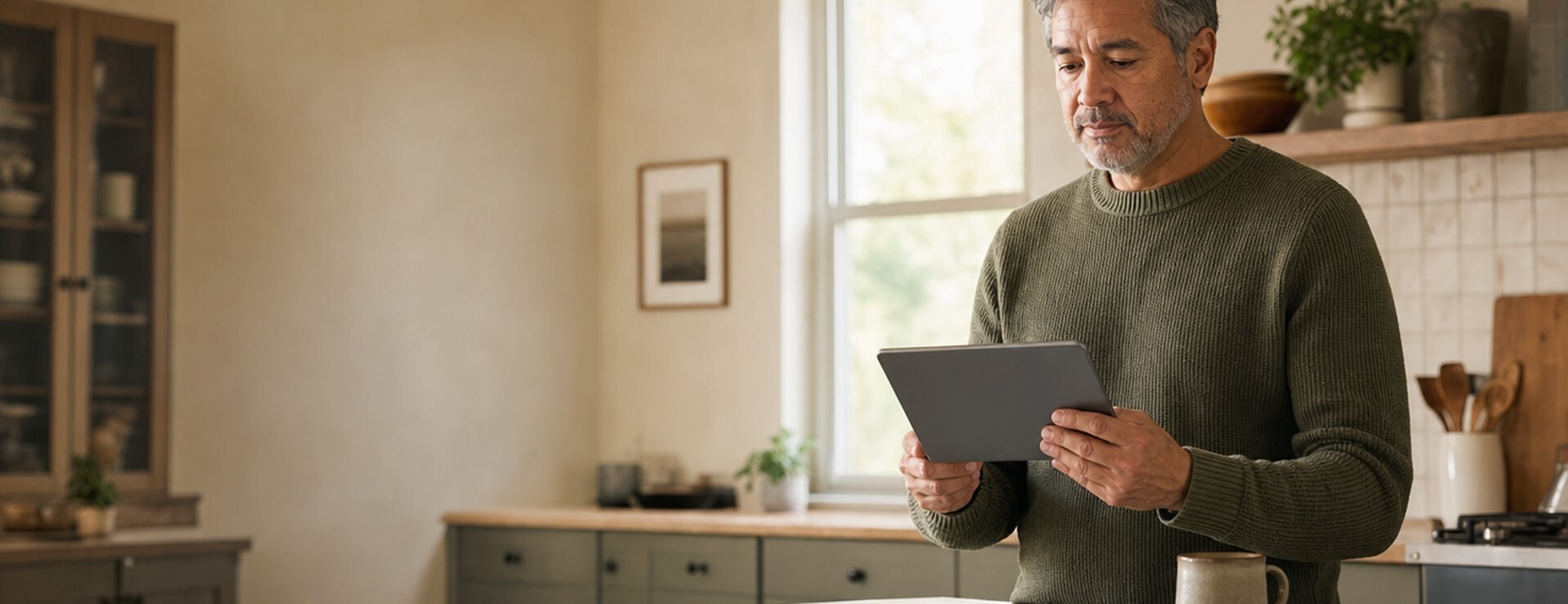 Homeowner reading a tablet at a kitchen island while comparing home-selling options