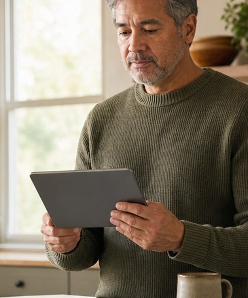 Homeowner reading a tablet at a kitchen island while comparing home-selling options