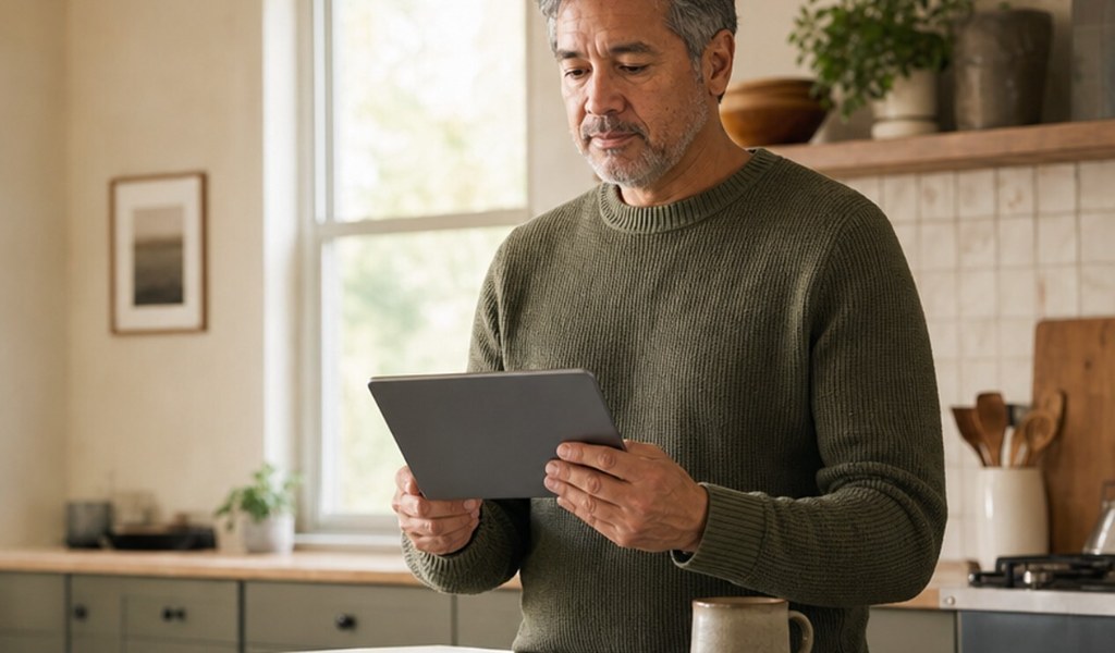 Homeowner reading a tablet at a kitchen island while comparing home-selling options