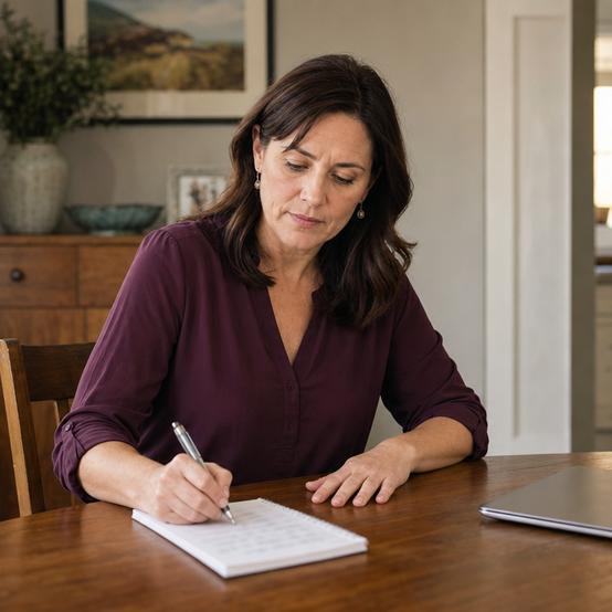 Woman at a dining table writing a list on a notepad