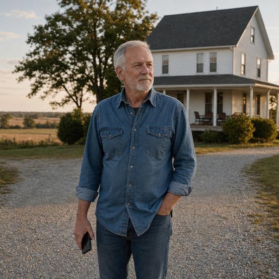 Homeowner standing on a gravel driveway in front of a rural farmhouse