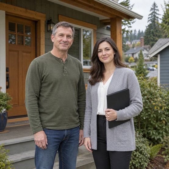 Homeowner standing with a home buyer holding a folder in front of a Craftsman-style house in a Washington neighborhood with evergreen trees