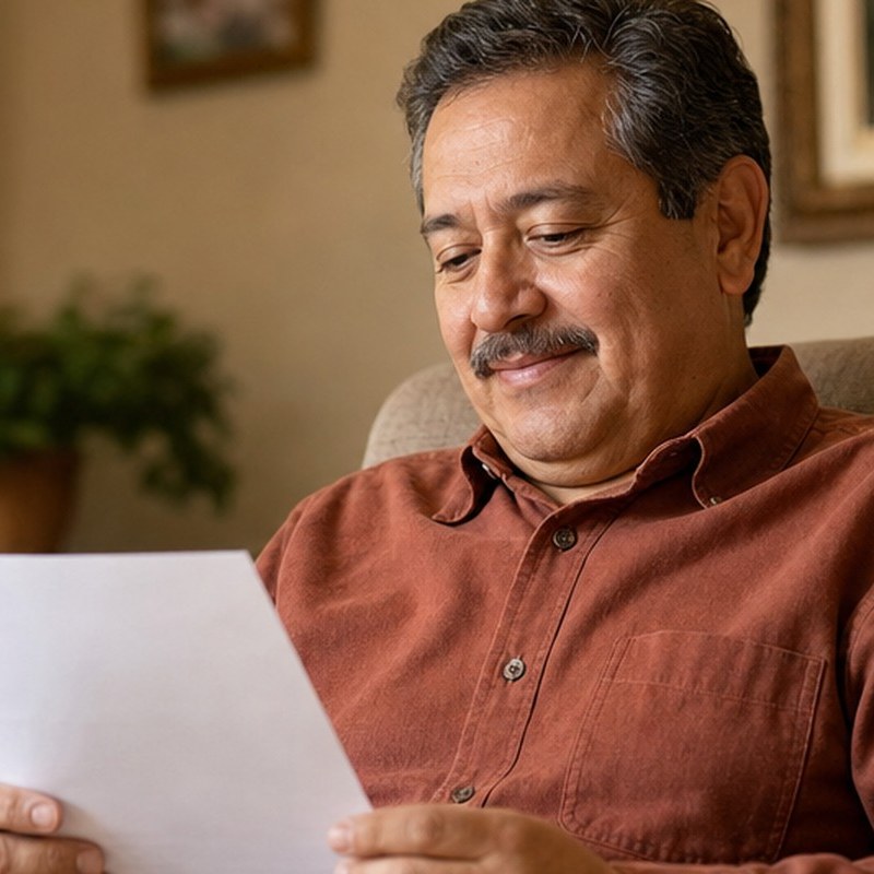 Homeowner reading a cash offer on his house in his living room