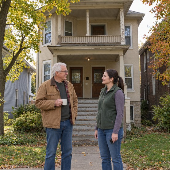 Homeowner holding a coffee mug talking with a home buyer in front of a cream brick duplex in a Wisconsin neighborhood